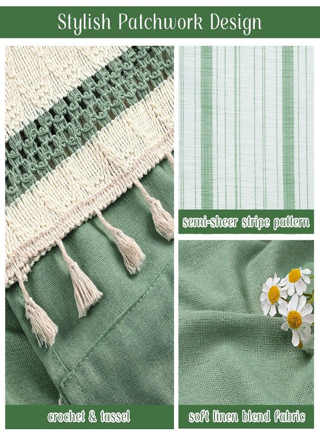 FRAMICS Farmhouse Linen Kitchen Curtains 36 Inch Length Green Striped Short Curtain for Windows Boho Crochet Small Window Curtains for Kitchen Rod Pocket Tier Curtain for Bathroom, Cafe, 2 Panels - Image 3